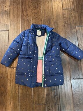 Mini Boden Navy Quilted Coat with Gold Stars and Green Trim